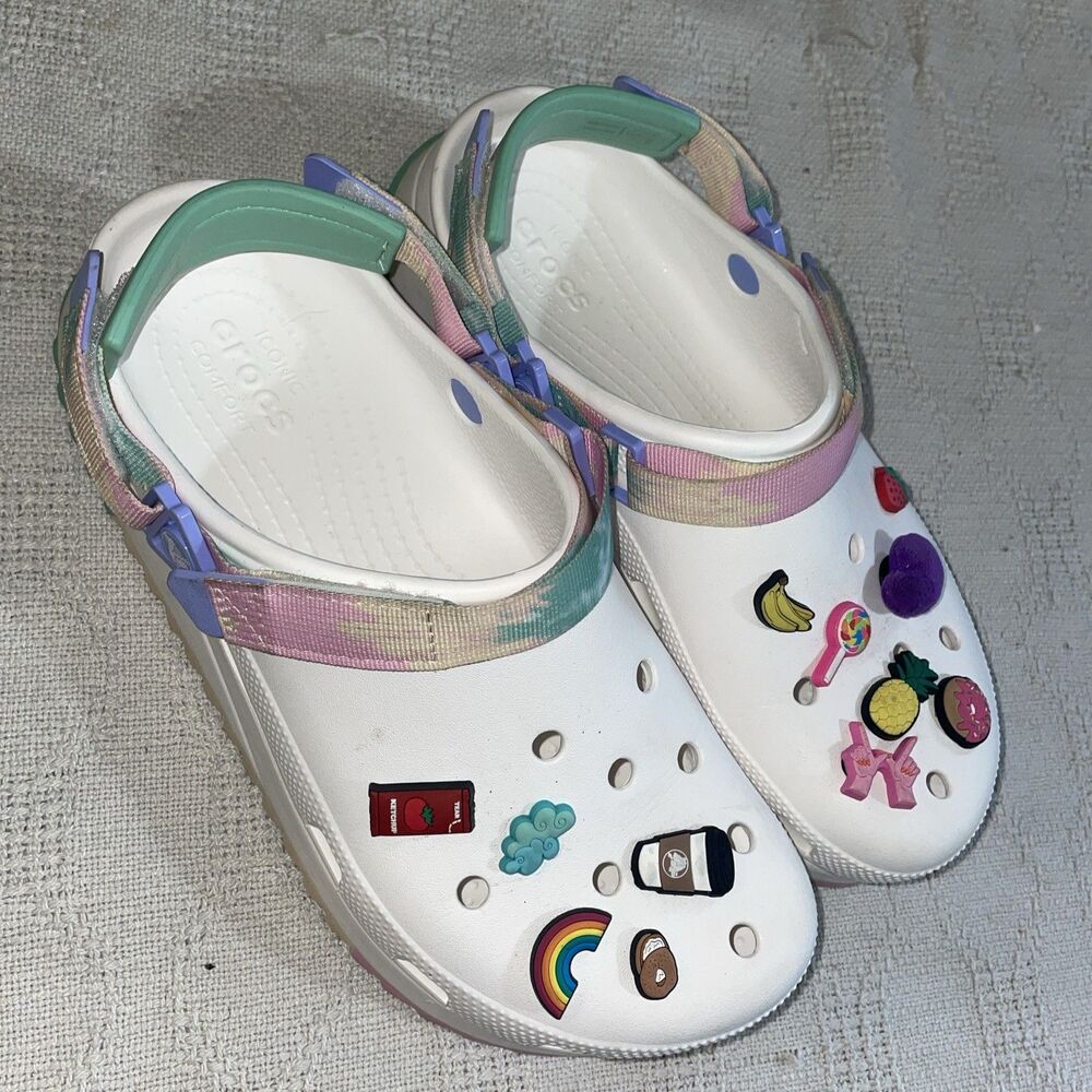 Crocs Women’s Platform Clogs Size 11 M White Rainbow Outdoors Beach Cruise